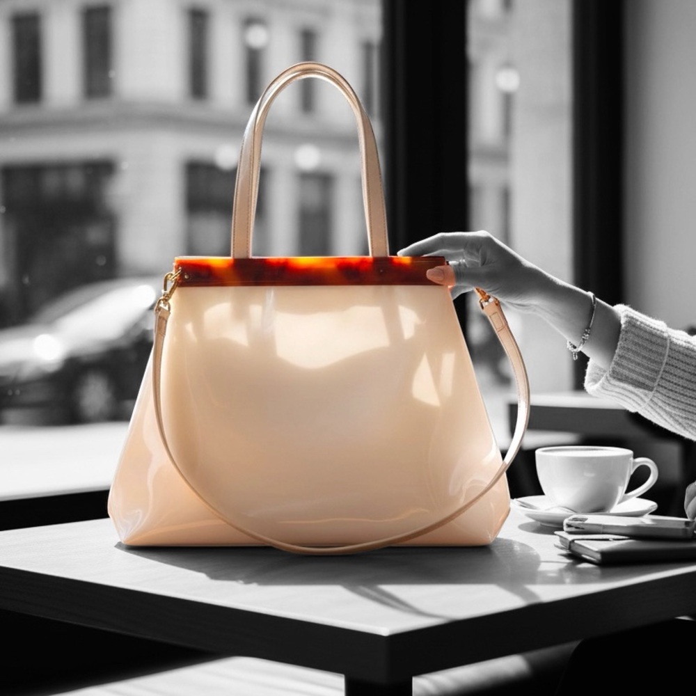 Elegant Vintage Off White/Creme Patent Leather Tote Bag